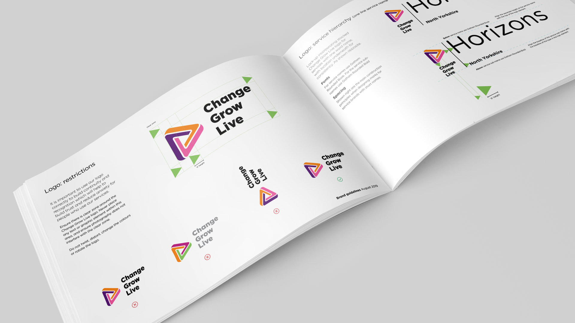 Brand guidelines printed brochure showing the logo and how to use it