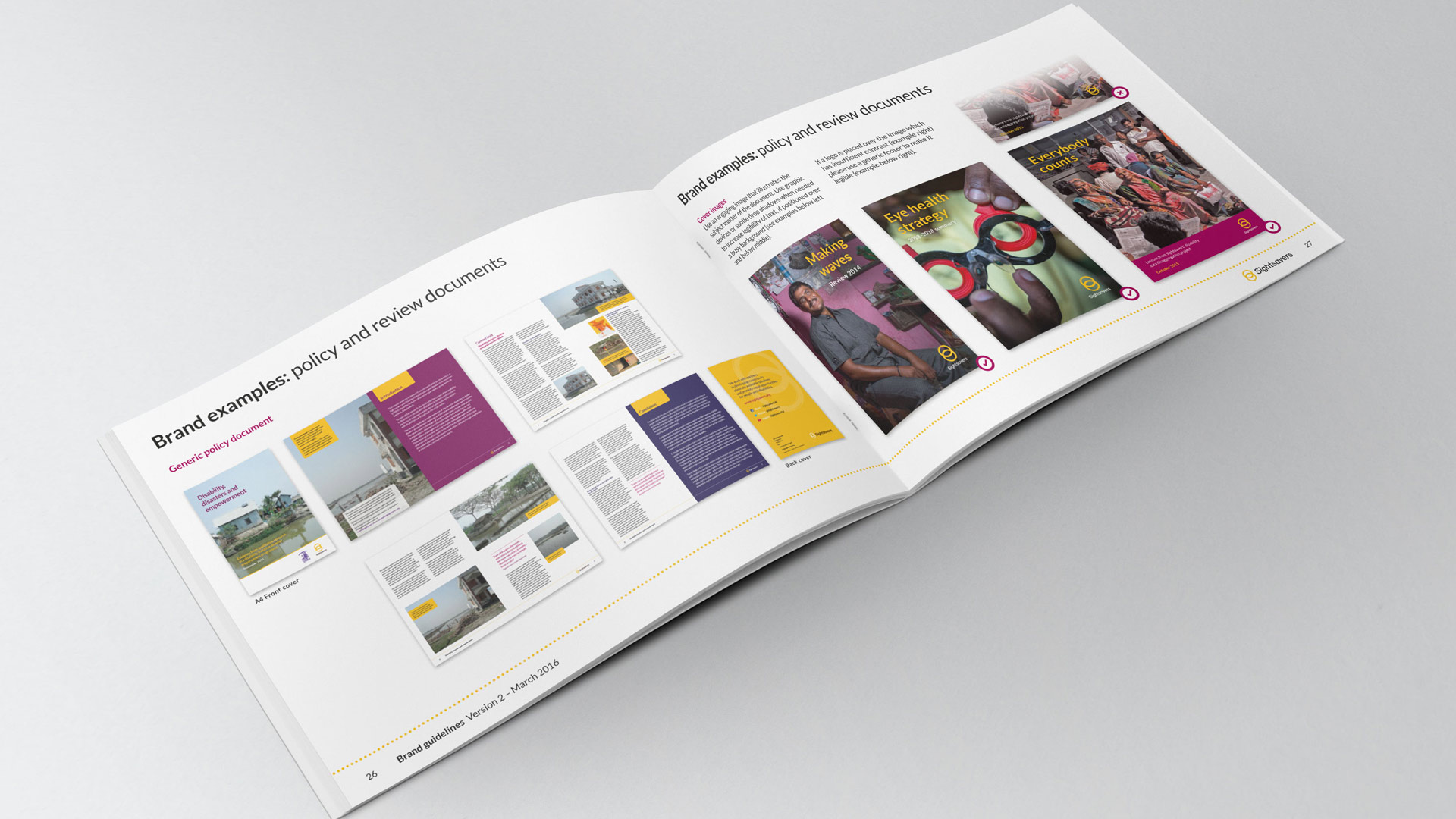 Image showing a double page spread from the brand guidelines of Policy and review document designs