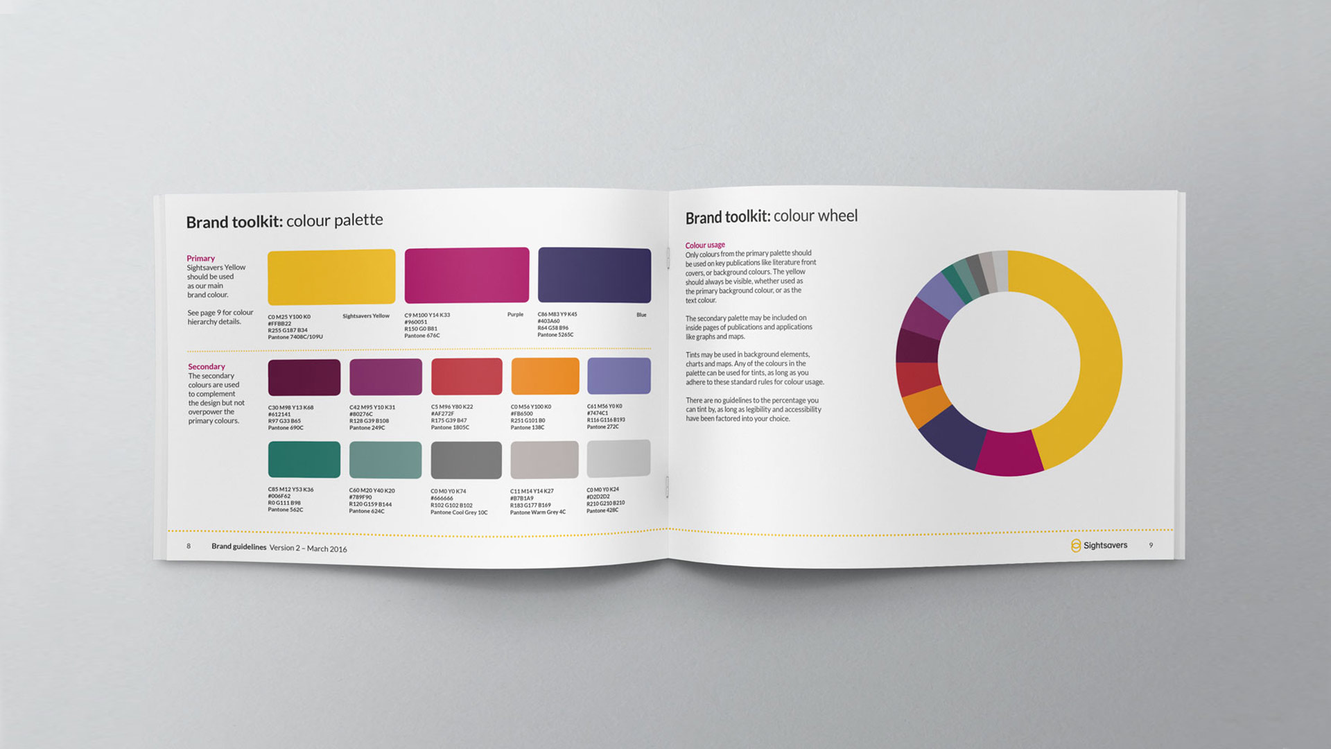 Double page spread showing the colour palette and hierarchy