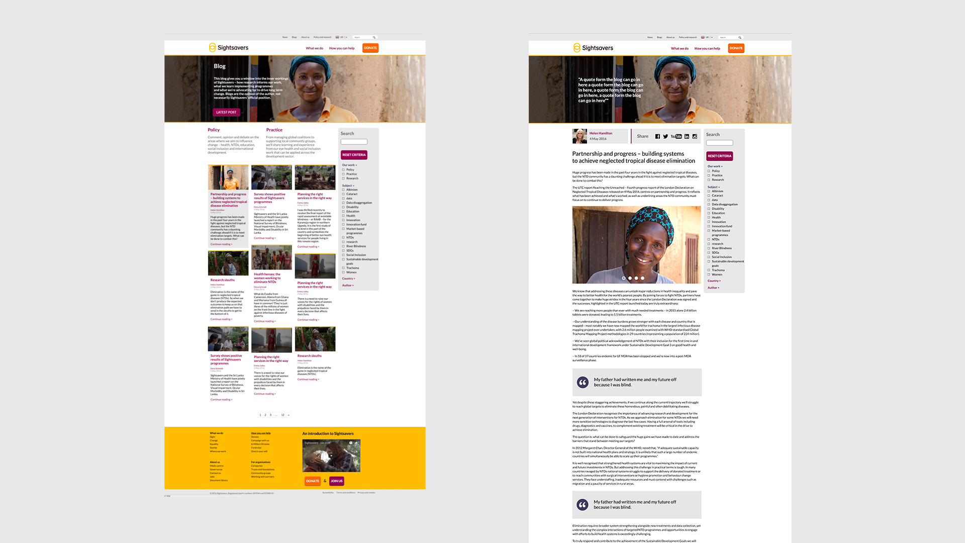 Blog landing page and article