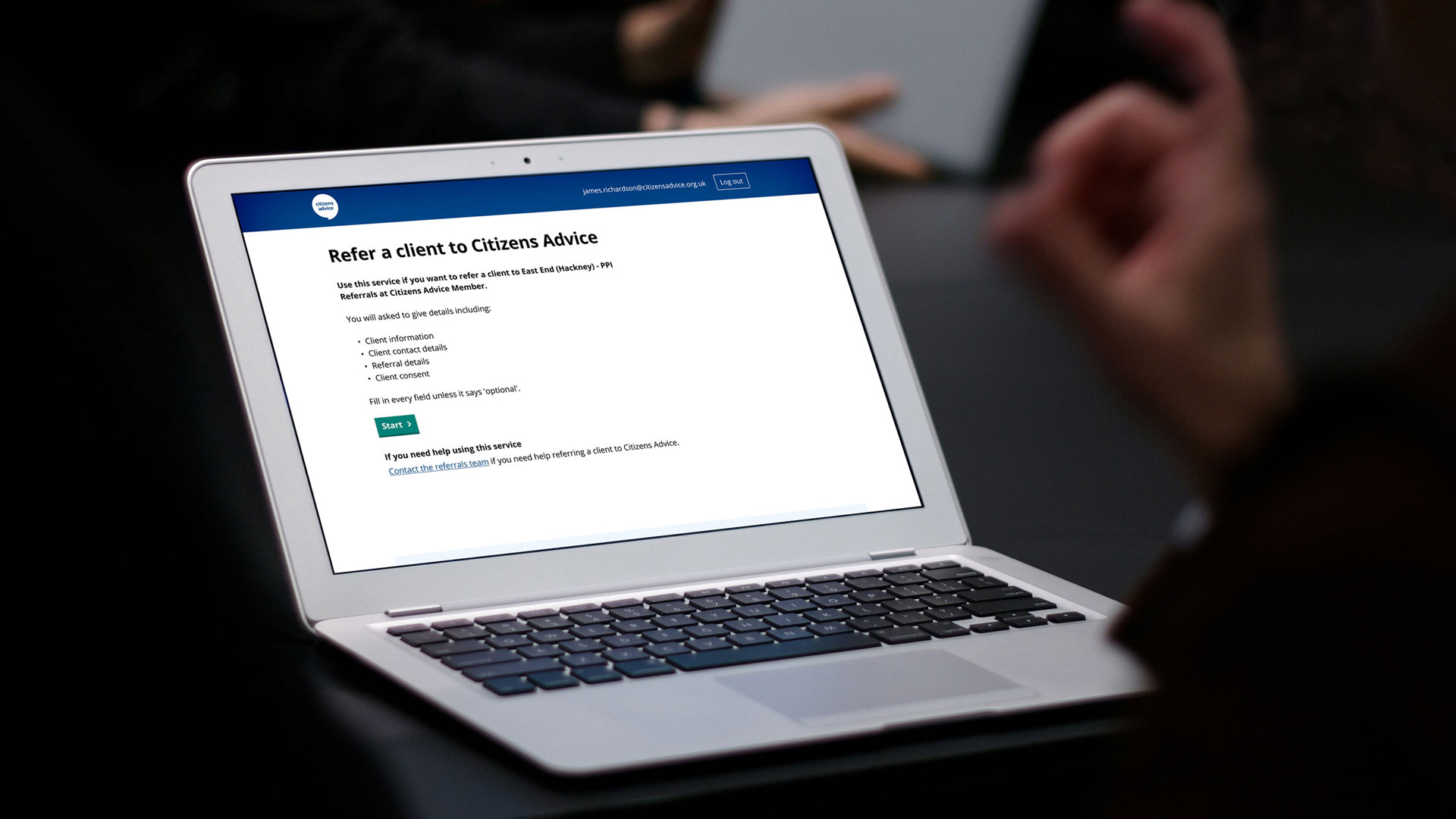 Laptop showing the introduction page to the referrals inward product