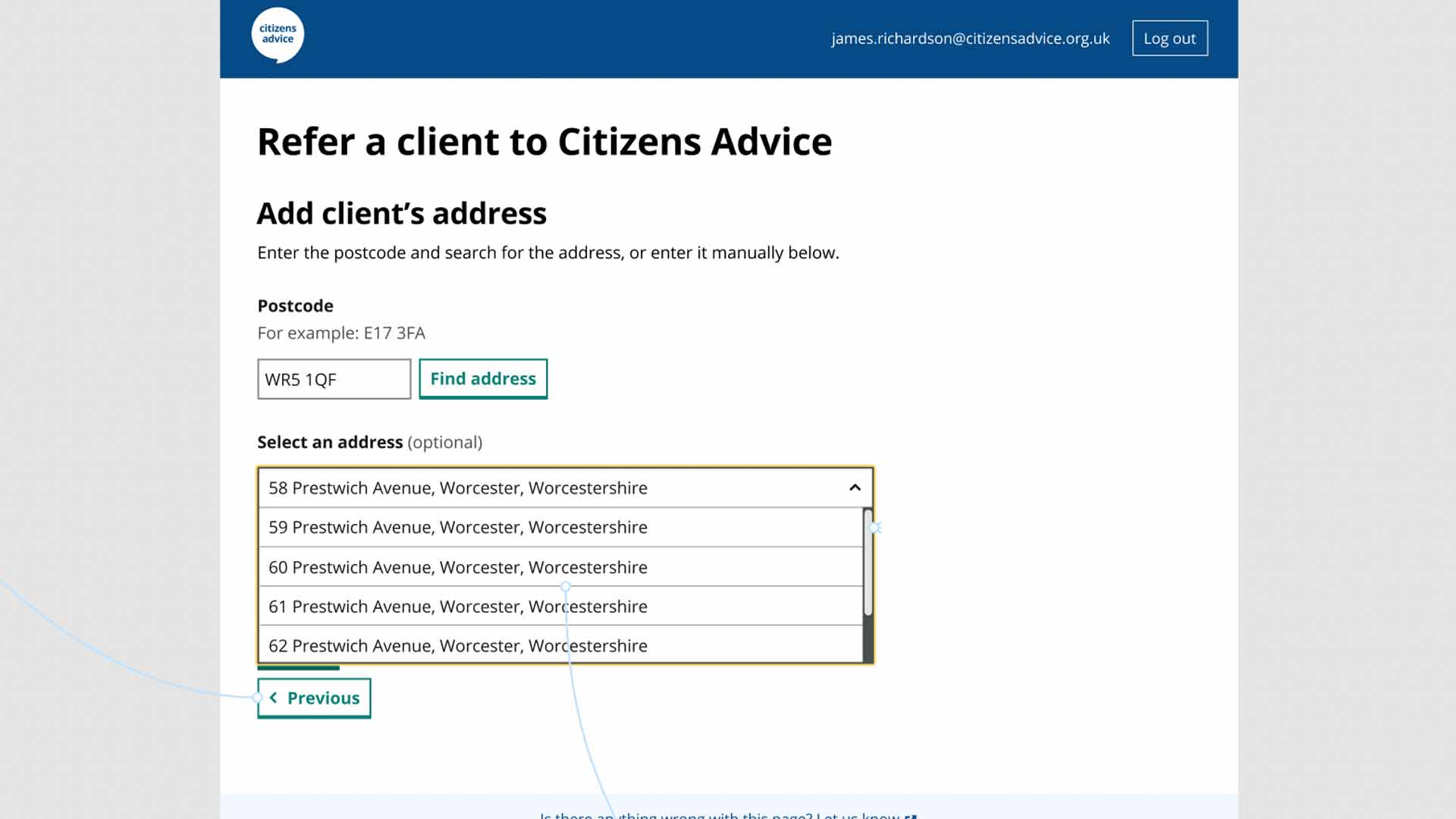 Address look-up component shown in a page design