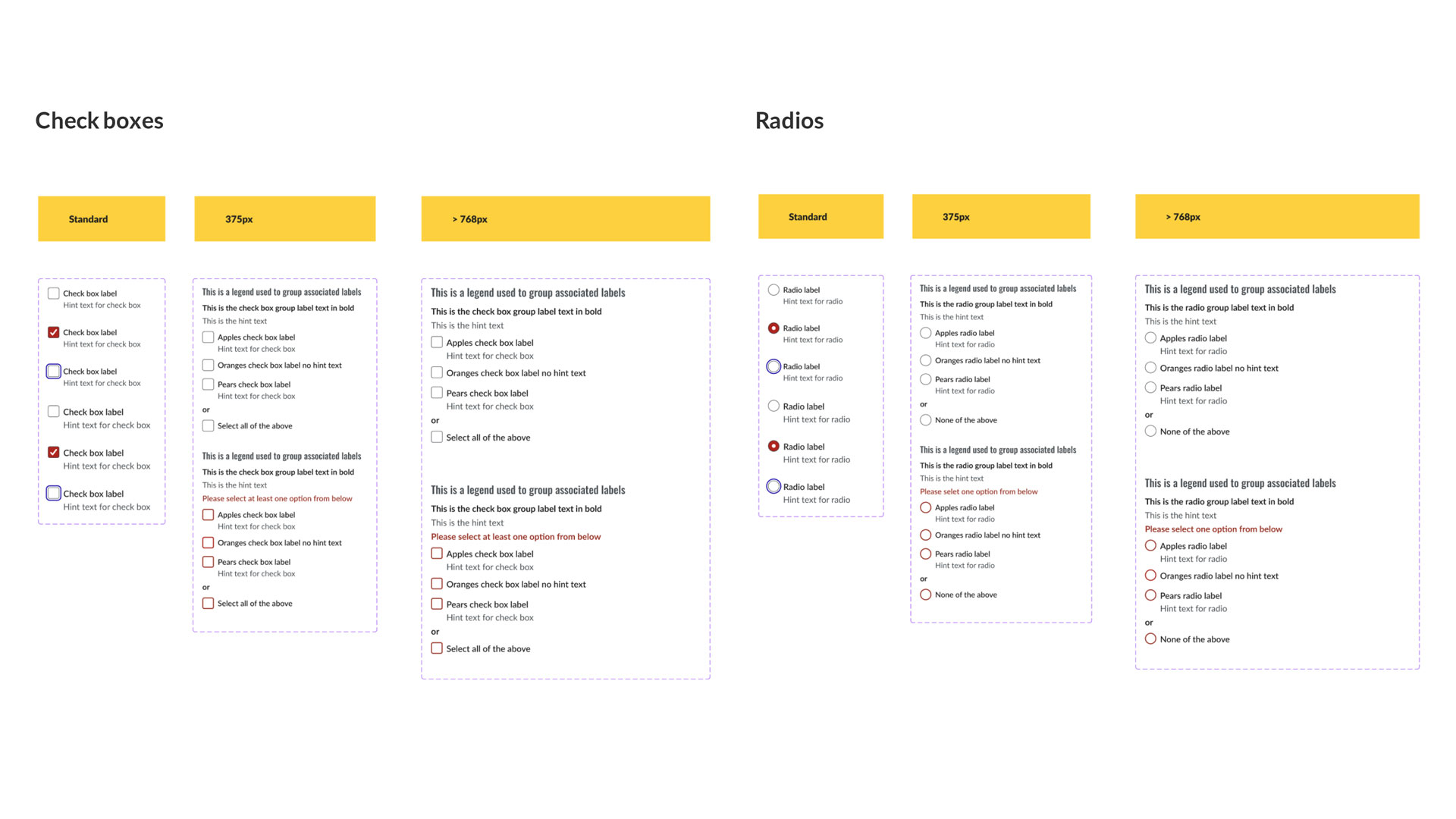 Check boxes and Radios Groups component images showing the interaction states